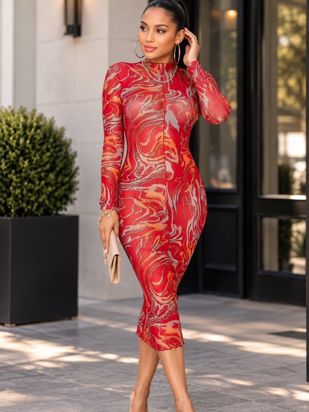 Red Abstract Mesh Bodycon Midi Dress NWT